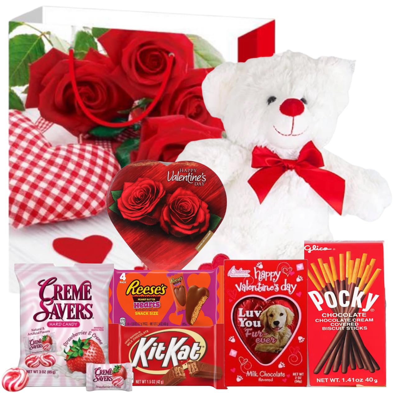 Valentines Day Gift Basket Set | Teddy Bear Plush (RED OR WHITE), Elmer Heart Chocolate, Milk Chocolate Bar, Kit Kat Chocolate Bar, Glico Pocky Chocolate Sticks, Creme Savers Candy, Resees Chocolate Peanut Butter Heart - Image 3