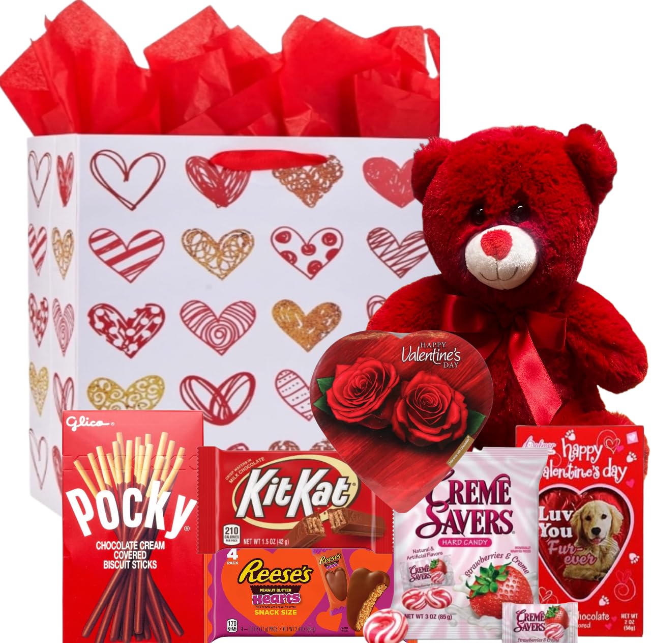 Valentines Day Gift Basket Set | Teddy Bear Plush (RED OR WHITE), Elmer Heart Chocolate, Milk Chocolate Bar, Kit Kat Chocolate Bar, Glico Pocky Chocolate Sticks, Creme Savers Candy, Resees Chocolate Peanut Butter Heart - Image 2