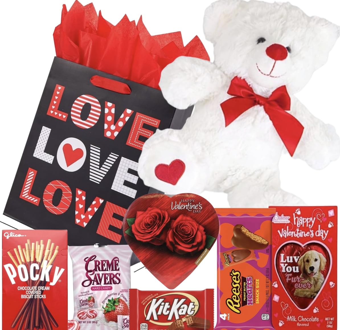 Valentines Day Gift Basket Set | Teddy Bear Plush (RED OR WHITE), Elmer Heart Chocolate, Milk Chocolate Bar, Kit Kat Chocolate Bar, Glico Pocky Chocolate Sticks, Creme Savers Candy, Resees Chocolate Peanut Butter Heart - Image 6