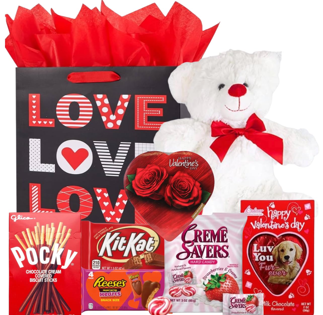 Valentines Day Gift Basket Set | Teddy Bear Plush (RED OR WHITE), Elmer Heart Chocolate, Milk Chocolate Bar, Kit Kat Chocolate Bar, Glico Pocky Chocolate Sticks, Creme Savers Candy, Resees Chocolate Peanut Butter Heart