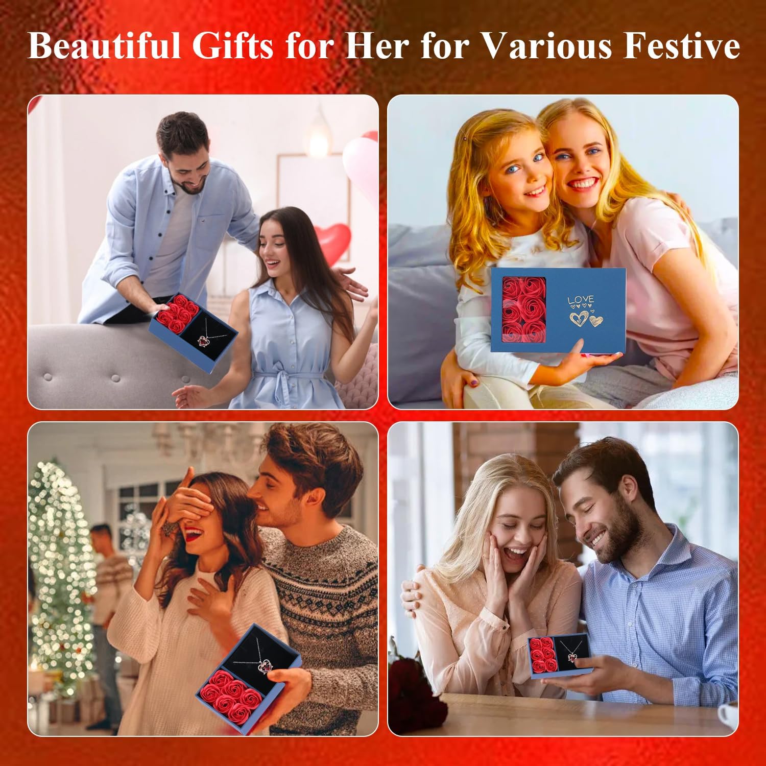 Mother's Day gifts,Red Rose with Heart Necklace and Flower Gift Box, Valentine's Gifts for Her - Image 4