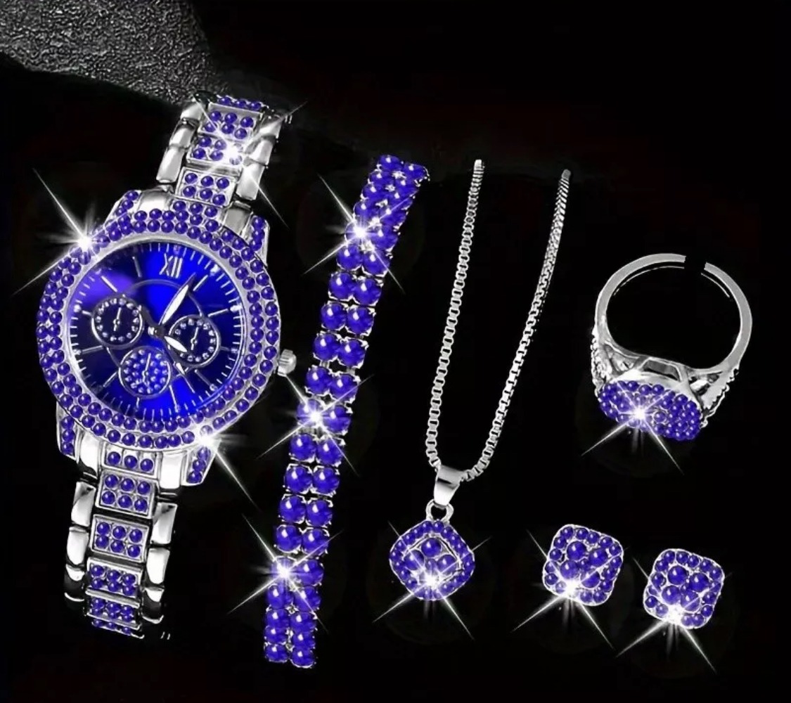 6pcs Blue Rhinestone Quartz Wrist Watch with Bracelet Necklace Earrings Ring Set - Image 5