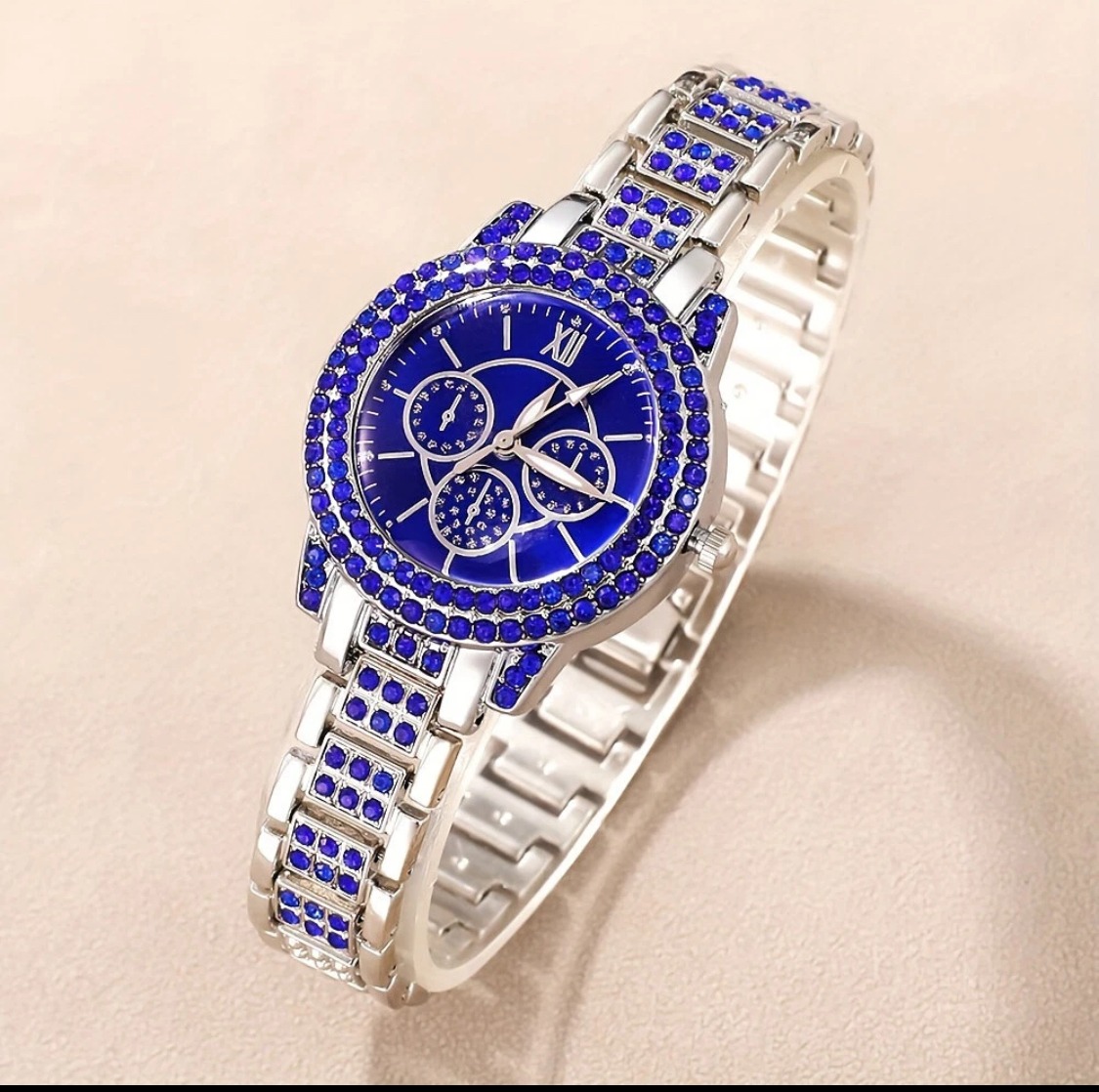 6pcs Blue Rhinestone Quartz Wrist Watch with Bracelet Necklace Earrings Ring Set - Image 2