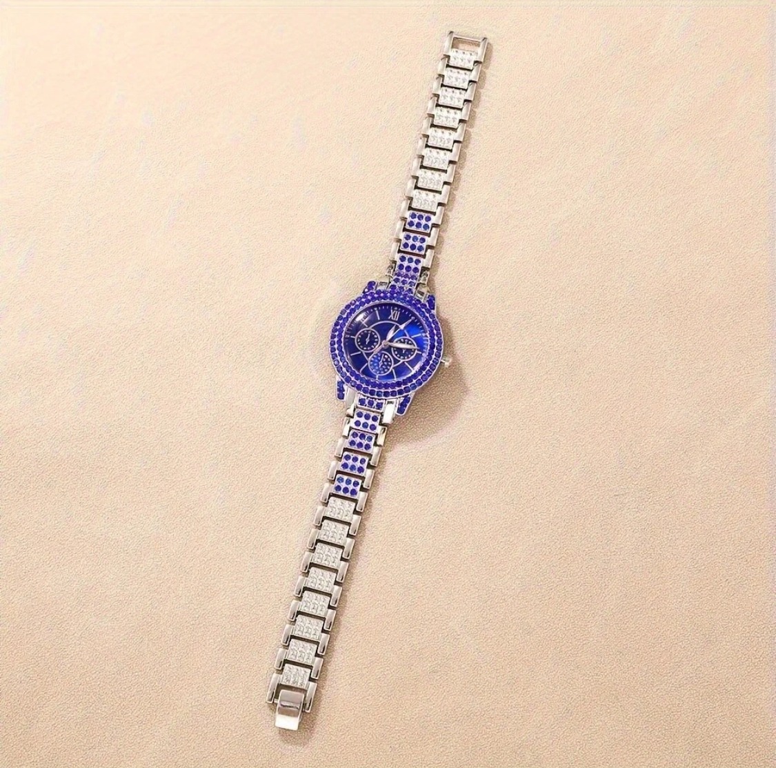 6pcs Blue Rhinestone Quartz Wrist Watch with Bracelet Necklace Earrings Ring Set - Image 3