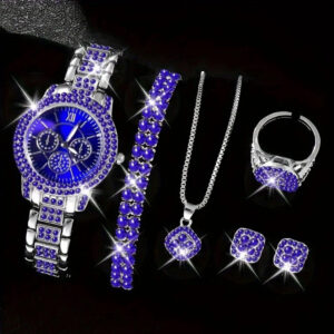6pcs Blue Rhinestone Quartz Wrist Watch with Bracelet Necklace Earrings Ring Set