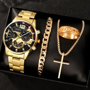 4pcs Men Watch Set - Casual Stainless Steel Quartz Wristwatch with Calendar
