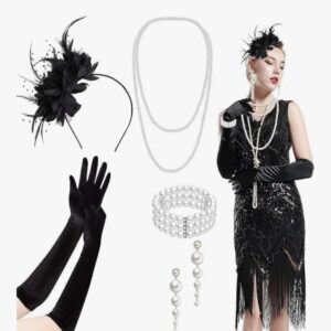 6PCS 1920s Flapper Accessories Set, Fashion Roaring 20's Costume Set with Pearl Earrings Feather Headband Bracelet Necklace Gloves Handheld Props for Women Ladies Cosplay Theme Party