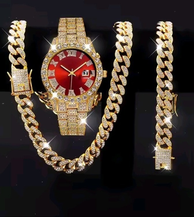 3Pcs Luxury Alloy Diamond Rhinestone Mirror Men Wristwatch