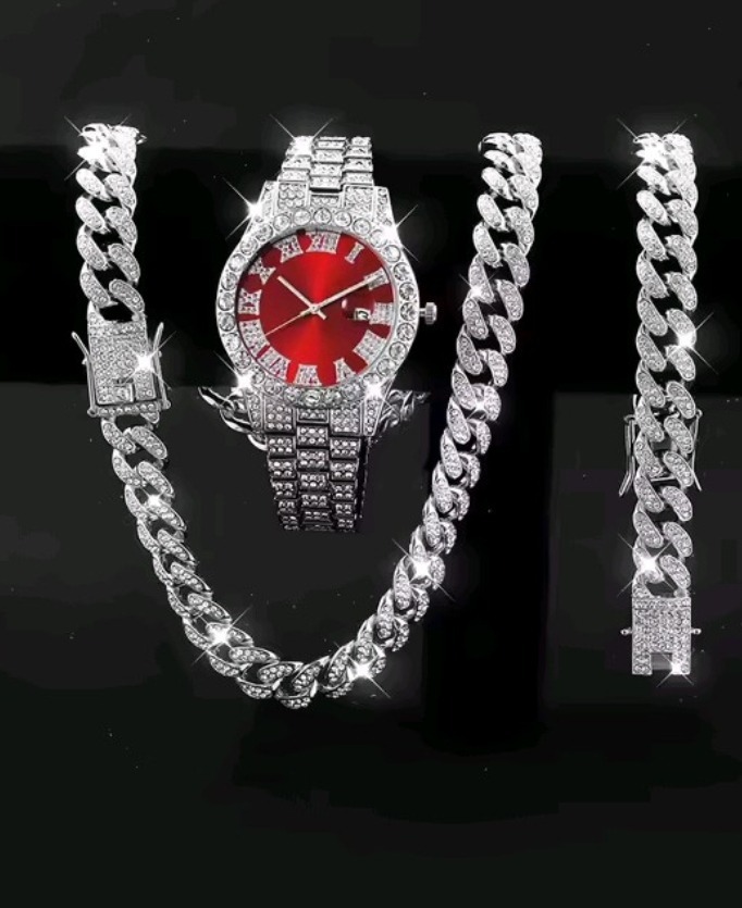 3Pcs Luxury Alloy Diamond Rhinestone Mirror Men Wristwatch - Image 5