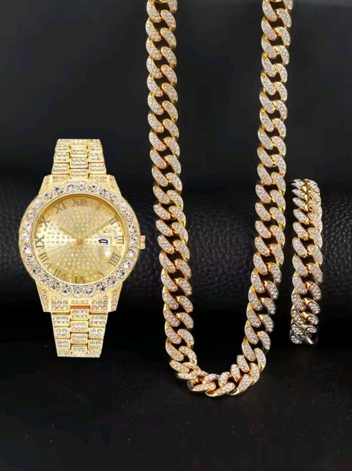 3Pcs Luxury Alloy Diamond Rhinestone Mirror Men Wristwatch - Image 4