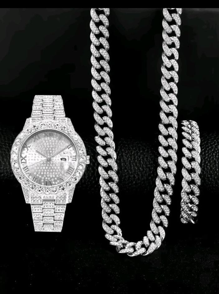 3Pcs Luxury Alloy Diamond Rhinestone Mirror Men Wristwatch - Image 3