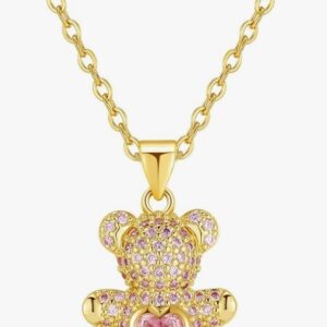 Teddy Bear Lucky Cat Pendant Heart Crystal Necklace